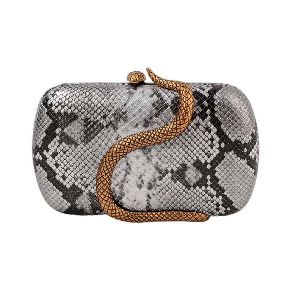 8957 PU Leather Evening Clutch Trendy Snake Pattern Decor Purse with Metal